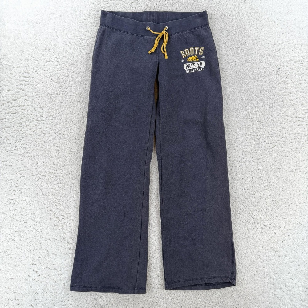Roots Sweatpants Womens XS Gray Fleece Straight Leg Baggy Phys Ed Logo Wide Y2K